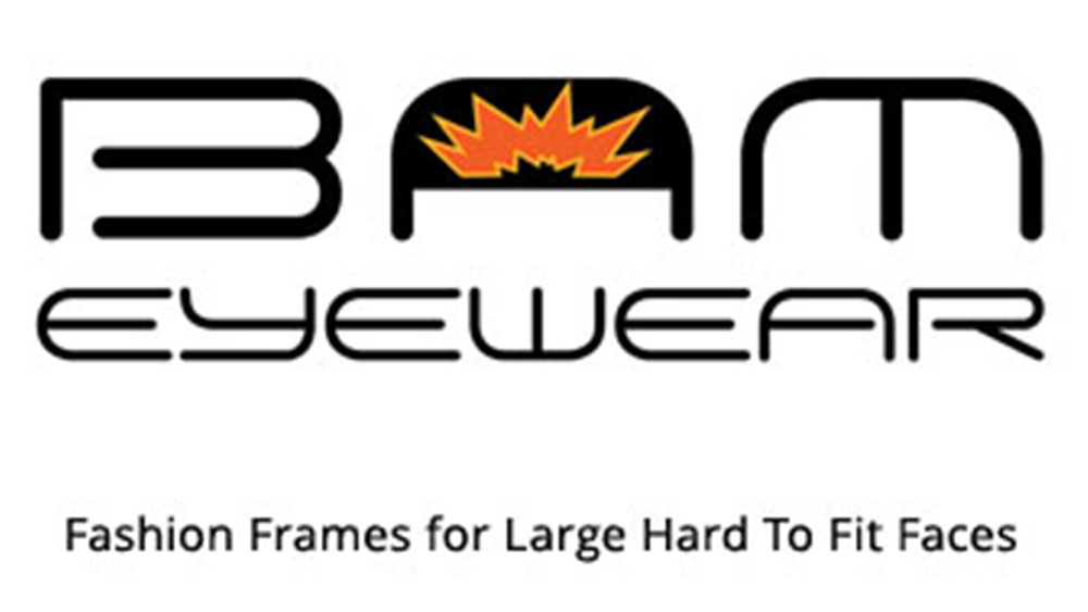 Logo of BAM Eyewear with orange burst design and tagline “Fashion Frames for Large Hard to Fit Faces” - Hometown Eyecare