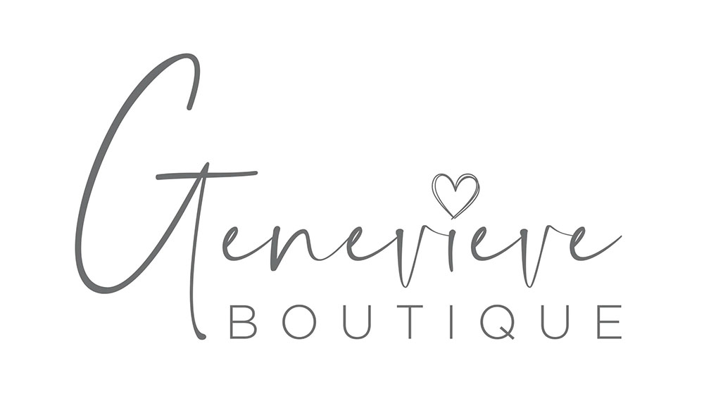 Elegant gray logo of Genevieve Boutique eyewear brand with heart design above text - Hometown Eyecare