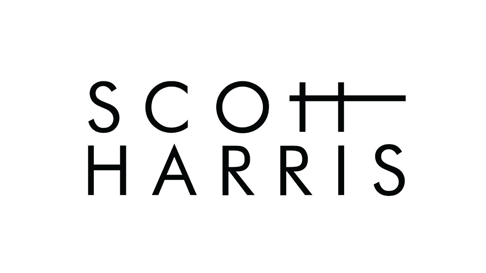 Scott Harris logo in modern minimalist font representing stylish and contemporary eyewear collections - Hometown Eyecare