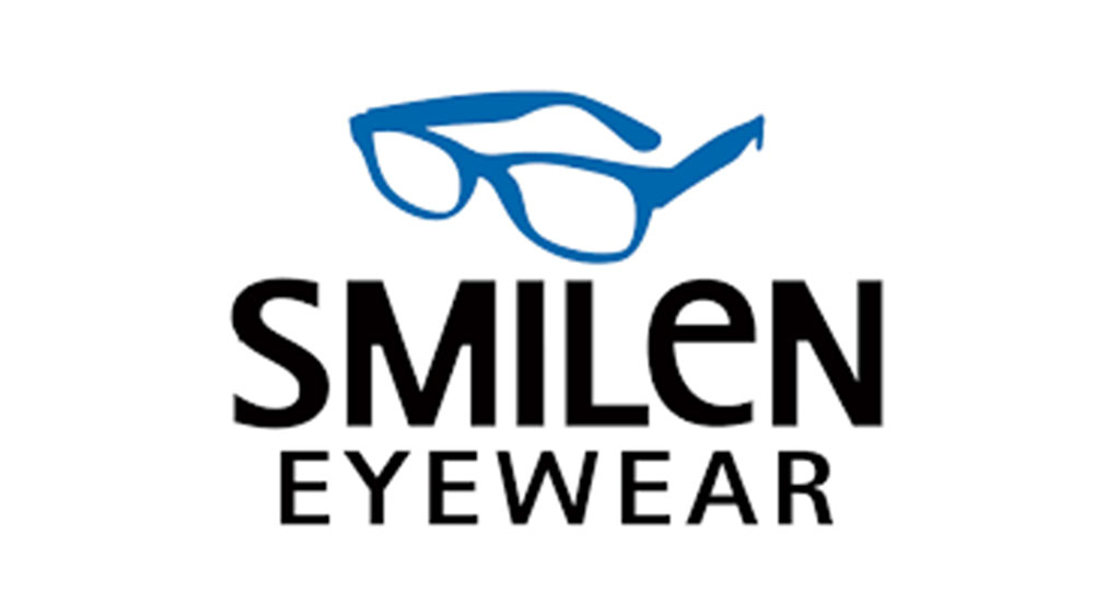 Smilen Eyewear logo featuring blue glasses icon and bold text representing durable, stylish eyewear - Hometown Eyecare